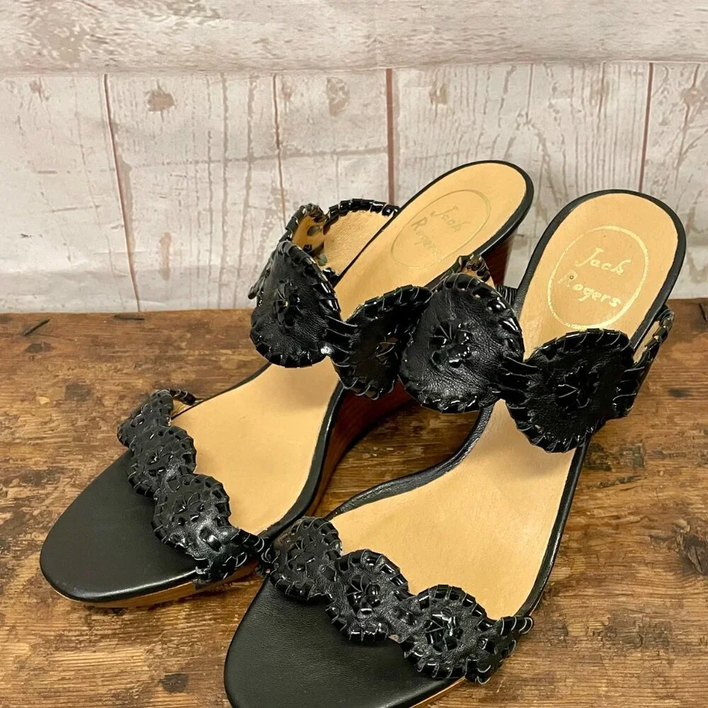 Jack Rogers Luccia Leather and Patent Leather Wedge Sandals